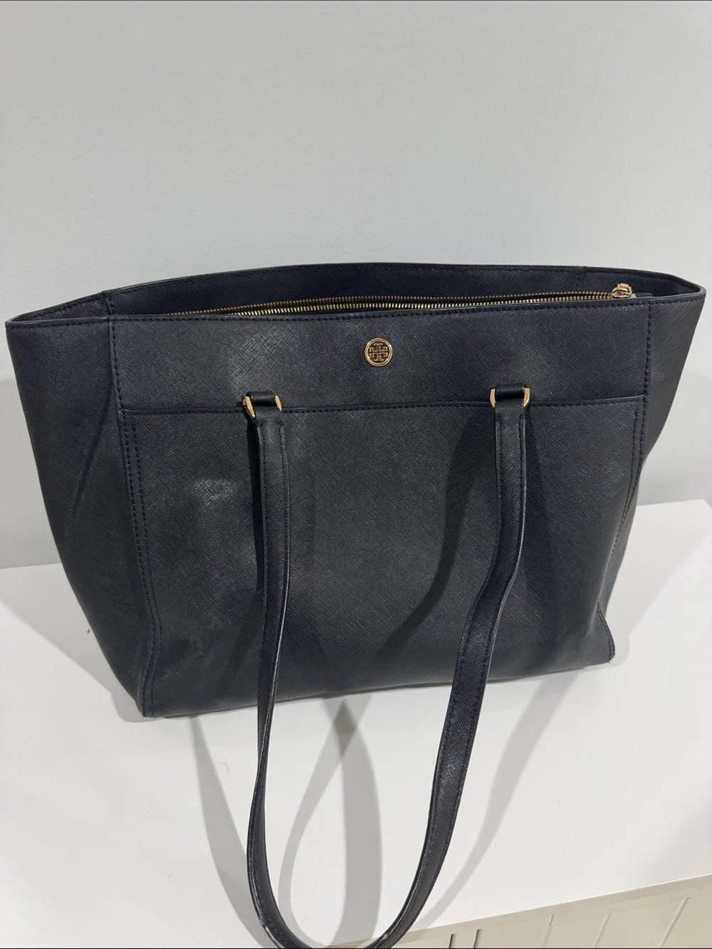 Tory Burch Black Saffiano Tote with Gold Logo